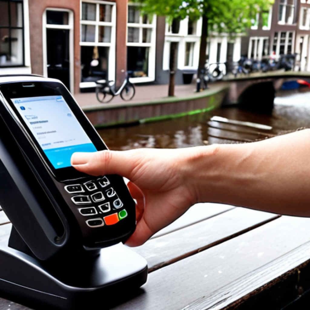 **

A young adult in Amsterdam using their smartphone to make a contactless payment at a coffee stand. The payment terminal shows successful transaction. In the background, canals and bikes can be seen. Overal composition emphasizes the ease and speed of using contactless payment.

**