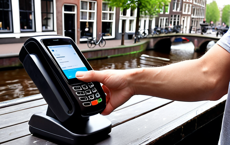 **
A young adult in Amsterdam using their smartphone to make a contactless payment at a coffee stand. The payment terminal shows successful transaction. In the background, canals and bikes can be seen. Overal composition emphasizes the ease and speed of using contactless payment.
**